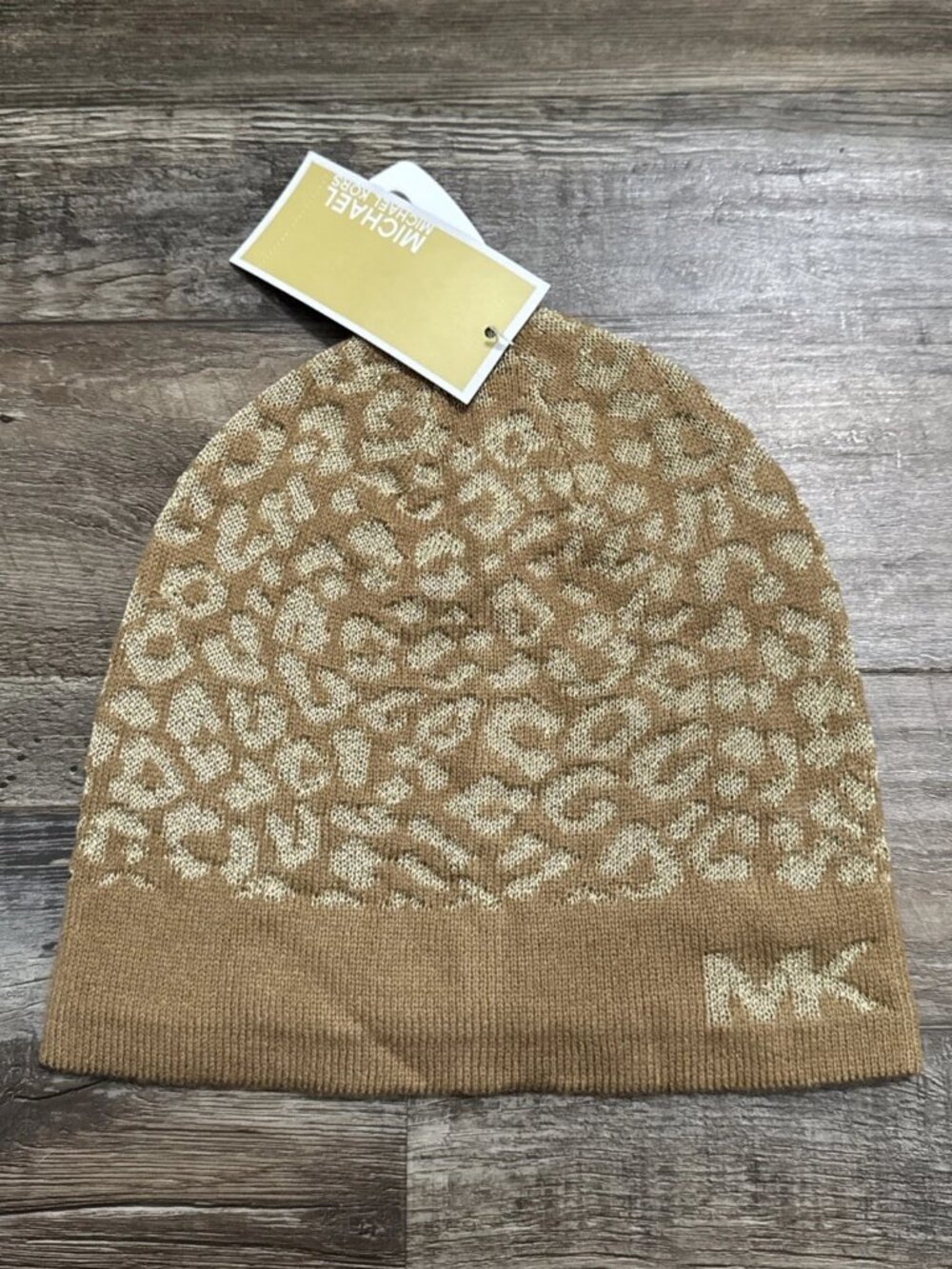NWT Michael Kors Metallic Leopard Knit Beanie Camel Gold Shimmer MSRP $48